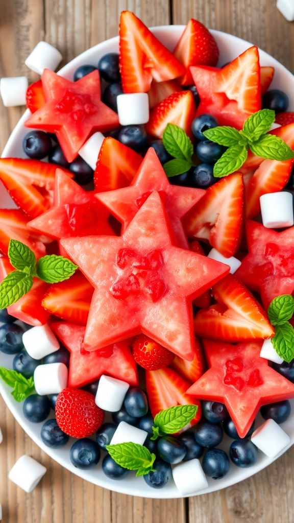 Festive platter of red, white, and blue fruit appetizers for 4th of July, including watermelon, strawberries, and blueberries.